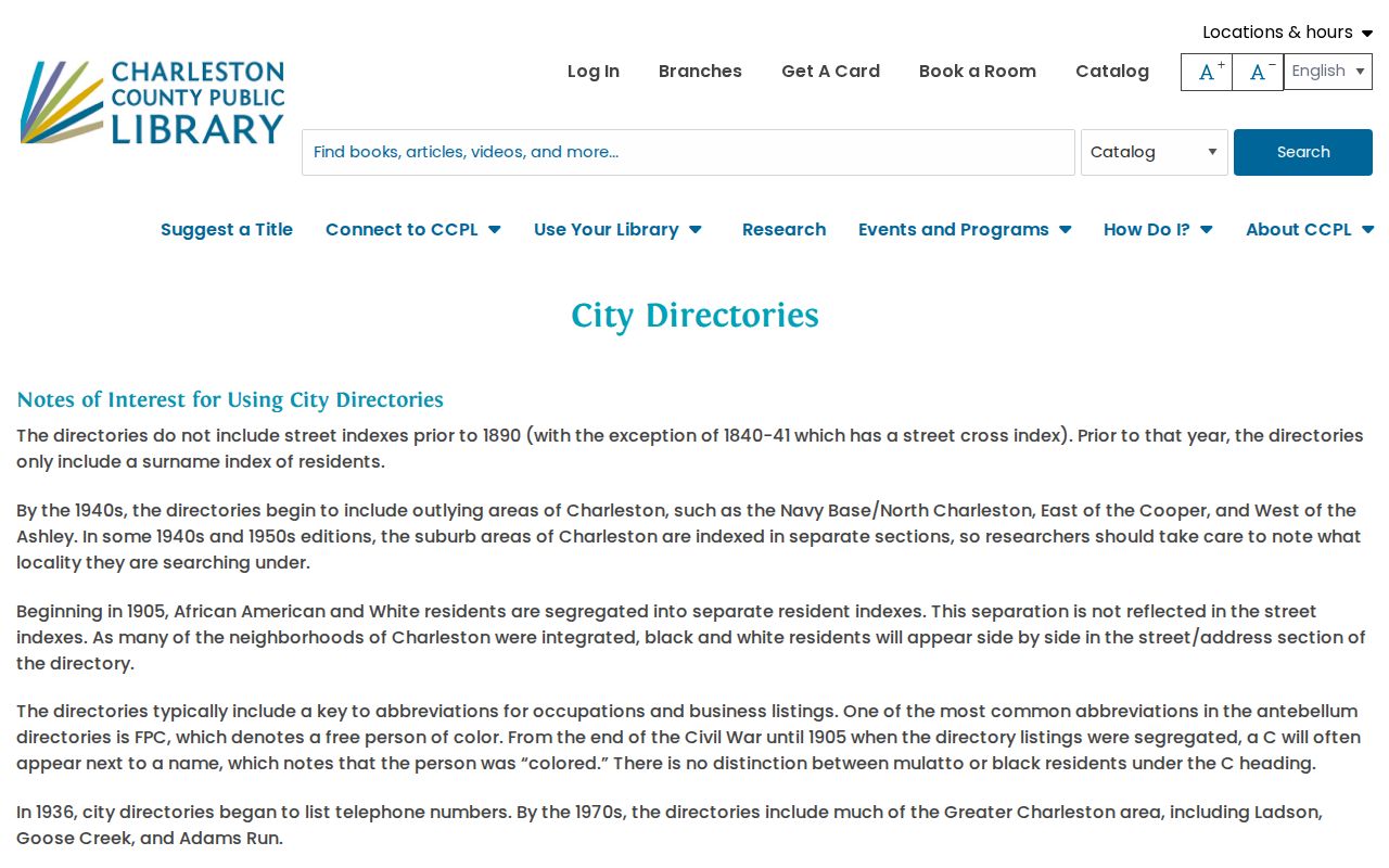 North Charleston residents directory historical city-directory holdings at CCPL
