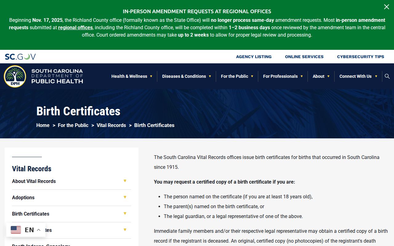 North Charleston residents directory vital-record request information from South Carolina DPH